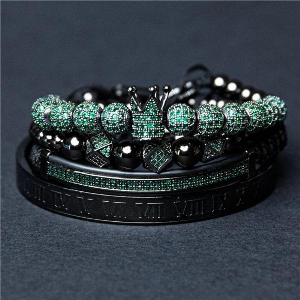 NEW Mens Bracelets Set black with Green Diamonds